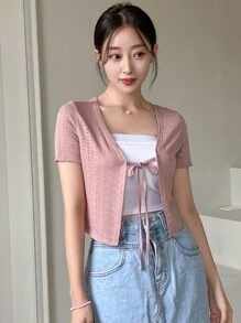 DAZY Eyelet Embroidery Tie Front Crop Top Without Tube Top