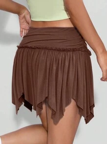 SHEIN EZwear Solid Ruched Asymmetrical Hem Skirt - Coffee Brown - View 2