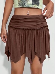 SHEIN EZwear Solid Ruched Asymmetrical Hem Skirt - Coffee Brown - View 4