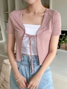 DAZY Eyelet Embroidery Tie Front Crop Top Without Tube Top