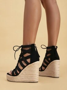 Women Black Platform Espadrille Platform Sandals, Open Toe Wedge Sandals For Vacation,Spring Summer Outfits - Black - View 3