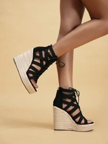 Women Black Platform Espadrille Platform Sandals, Open Toe Wedge Sandals For Vacation,Spring Summer Outfits - Black - View 5