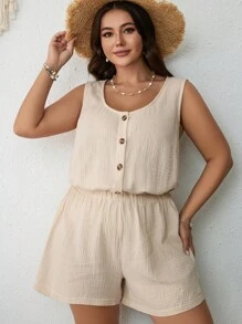 SHEIN VCAY Jumpsuits Plus Size Nút Nút phía trước màu trơn Giải trí - Màu be - Xem 1