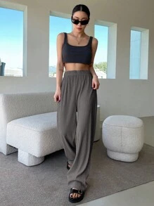 DAZY 實色彈性腰寬腿褲 - 灰色 - 查看 4