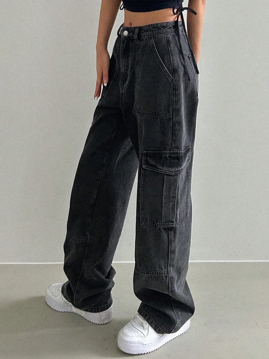 DAZY Jeans holgados con bolsillos laterales de carga - Gris Oscuro - Ver 1