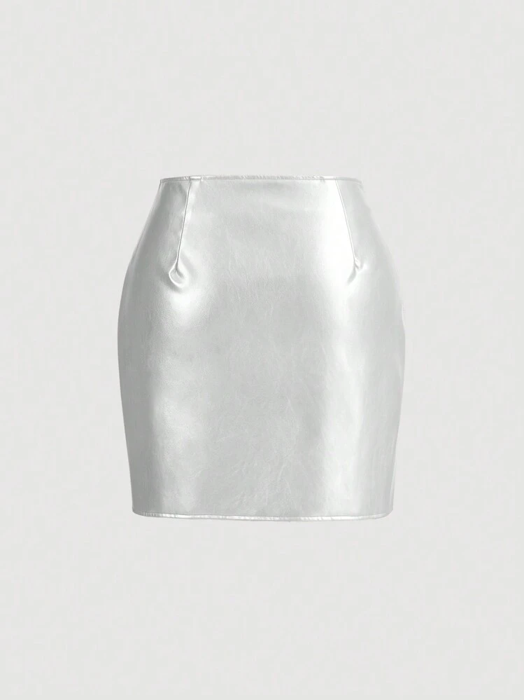 SHEIN ICON מפוצל רוכסן פשוט מסיבה חצאית - כסף - ראה 2