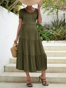 SHEIN 孕婦紐扣細節荷葉邊連衣裙 - 軍綠色 - 查看 4