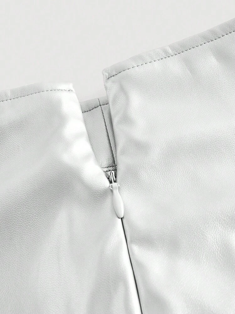 SHEIN ICON מפוצל רוכסן פשוט מסיבה חצאית - כסף - ראה 3