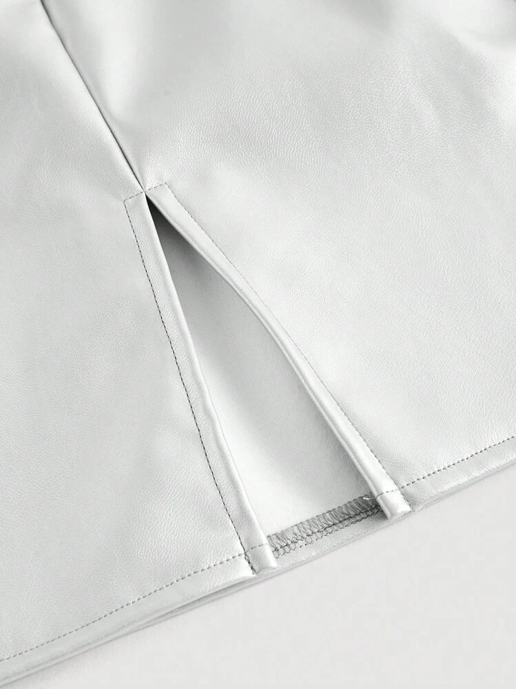 SHEIN ICON מפוצל רוכסן פשוט מסיבה חצאית - כסף - ראה 4