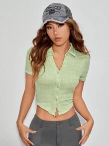 SHEIN EZwear Nút phía trước Áo phông Crop - Màu xanh chanh - Xem 1