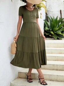 SHEIN 孕婦紐扣細節荷葉邊連衣裙 - 軍綠色 - 查看 6
