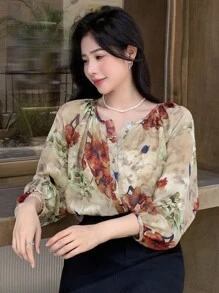 DAZY 花卉印花灯笼袖衬衫长袖上衣 - 彩色 - 查看 1