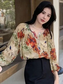 DAZY 花卉印花灯笼袖衬衫长袖上衣 - 彩色 - 查看 3