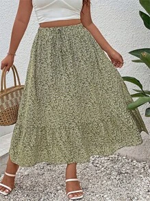 SHEIN Holidaya Plus Ditsy Floral Print Knot Waist Ruffle Hem Skirt - Green - View 4