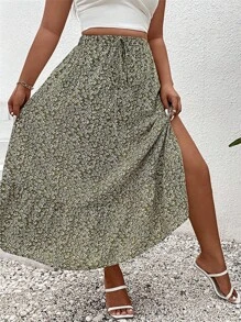 SHEIN Holidaya Plus Ditsy Floral Print Knot Waist Ruffle Hem Skirt - Green - View 5