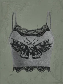 ROMWE Goth Áo khoác và áo lót dành cho xe tăng nữ Tương phản ren Lễ Các Thánh Loại bướm Giải trí - Xám - Xem 1