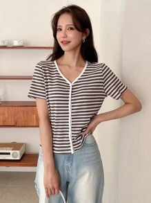 DAZY 條紋印花前紐扣T恤 - 棕色 - 查看 2