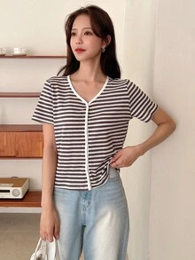 DAZY 條紋印花前紐扣T恤 - 棕色 - 查看 6