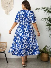 SHEIN VCAY 大碼滿版印花高衩連衣裙 - 藍色 - 查看 2