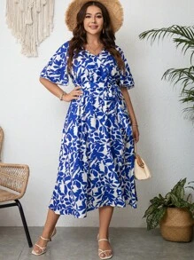 SHEIN VCAY 大碼滿版印花高衩連衣裙 - 藍色 - 查看 6