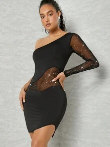 Hauture One Shoulder Rhinestone Mesh Dress - Black - View 2