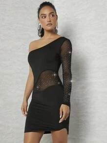 Hauture One Shoulder Rhinestone Mesh Dress - Black - View 6