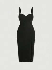 SHEIN MOD 大碼高衩吊帶連衣裙 - 黑色 - 查看 1