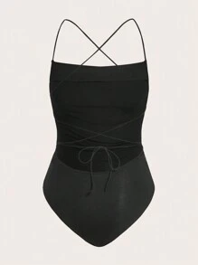 SHEIN EZwear 十字交叉後背繫帶吊帶連體衣 - 黑色 - 查看 2