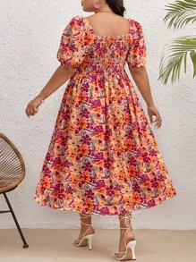 SHEIN VCAY Váy tay bồng cổ vuông in họa tiết hoa Boho cỡ lớn - Nhiều màu - Xem 2