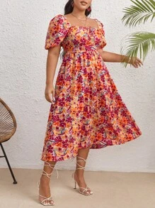 SHEIN VCAY Váy tay bồng cổ vuông in họa tiết hoa Boho cỡ lớn - Nhiều màu - Xem 5