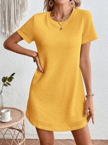 SHEIN LUNE Đầm Nút màu trơn Giải trí - Màu vàng - Xem 5