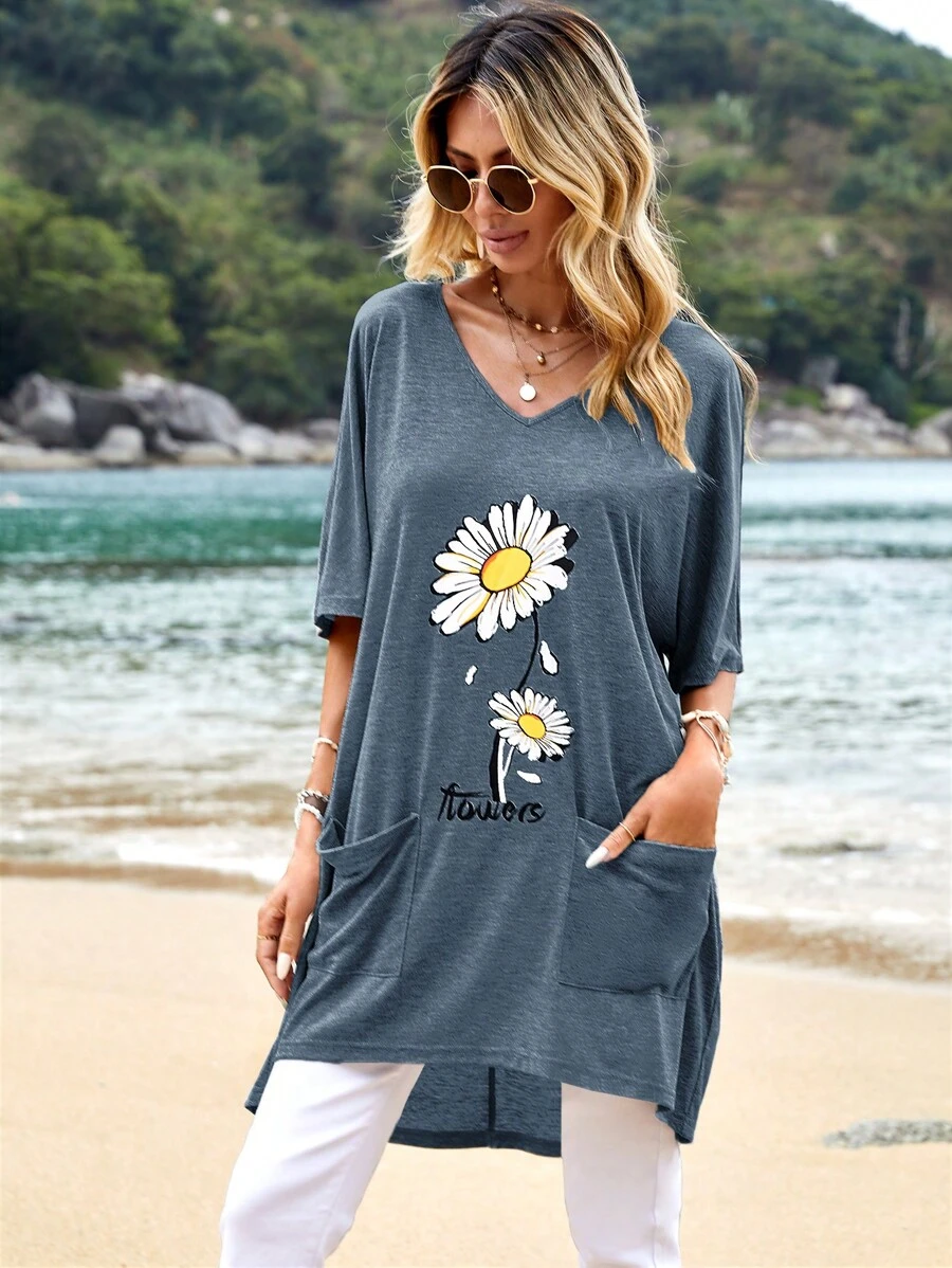 SHEIN LUNE Áo thun nữ Cao thấp Túi Hoa Lá thư Giải trí - Màu xanh bụi bặm - Xem 1