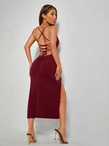 SHEIN PETITE 露背繫帶高衩吊帶連衣裙 - 酒紅色 - 查看 2