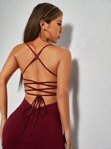SHEIN PETITE 露背繫帶高衩吊帶連衣裙 - 酒紅色 - 查看 5