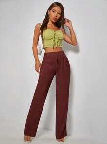 SHEIN PETITE Solid Drawstring Waist Straight Leg Pants - Burgundy - View 3