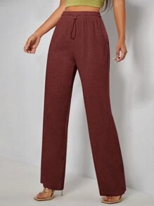 SHEIN PETITE Solid Drawstring Waist Straight Leg Pants - Burgundy - View 4