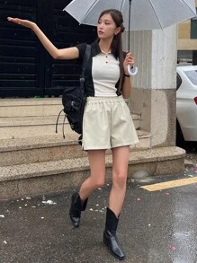 DAZY Áo thun nữ Gân đan Nút phía trước Khối Màu Giải trí - Đen và trắng - Xem 5