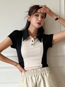 DAZY Áo thun nữ Gân đan Nút phía trước Khối Màu Giải trí - Đen và trắng - Xem 6