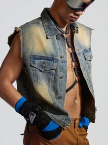 ROMWE MEN ROMWE Avant 男士翻蓋口袋牛仔夾克背心 - 淺色水洗藍 - 查看 2