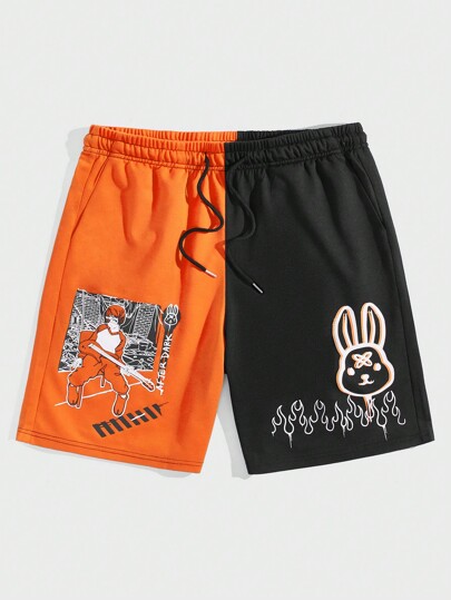 Anime Guys Cartoon & Letter Graphic Two Tone Drawstring Waist Shorts