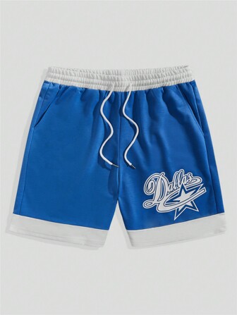Prep Hombres Shorts con estampado de letra de cintura con cordón ribete en contraste