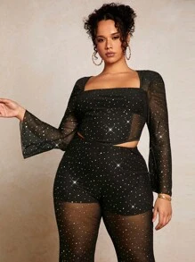 SHEIN BAE Plus Square Neck Flare Sleeve Mesh Top - Black - View 4