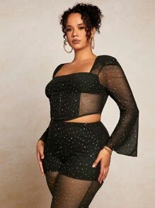 SHEIN BAE Plus Square Neck Flare Sleeve Mesh Top - Black - View 6