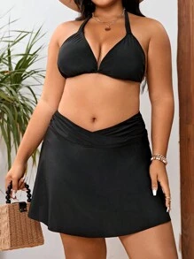 SHEIN Swim Curve 大碼素色V型鏤空腰泳衣下裝 - 黑色 - 查看 4