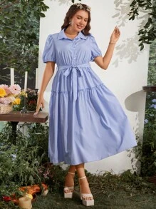 SHEIN Clasi 大碼條紋印花泡泡袖荷葉邊腰帶襯衫連衣裙 - 藍色 - 查看 6