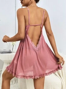 蕾絲拼接前蝴蝶結網紗吊帶睡裙 - 藕粉色 - 查看 2
