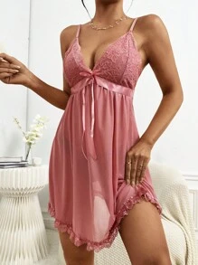 蕾絲拼接前蝴蝶結網紗吊帶睡裙 - 藕粉色 - 查看 6