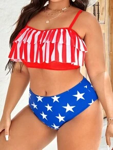 Conjunto De Bikini Con Ribete De Volantes Y Estampado Americano De Talla Grande Playa De Verano - Multicolor - Ver 5