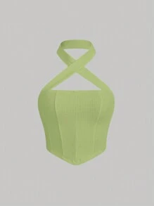 SHEIN MOD Solid Crisscross Halter Top - Mint Green - View 1