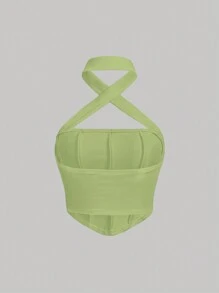 SHEIN MOD Solid Crisscross Halter Top - Mint Green - View 2